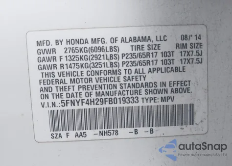 2015 Honda Pilot Lx z USA, uszkodzony, nr VIN 5FNYF4H29FB019333